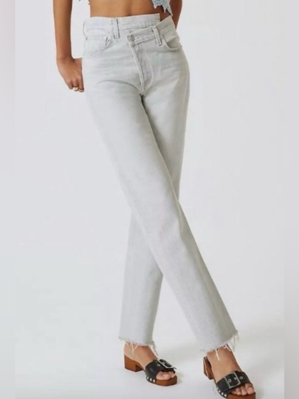 AGOLDE Criss Cross High Rise Straight Leg Jeans Light Grey Raw Hem Size 28